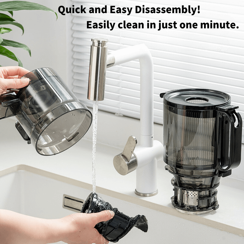 Easy-to-clean MOKKOM MK-199S slow juicer disassembled for washing under sink faucet, showcasing quick disassembly and cleaning.